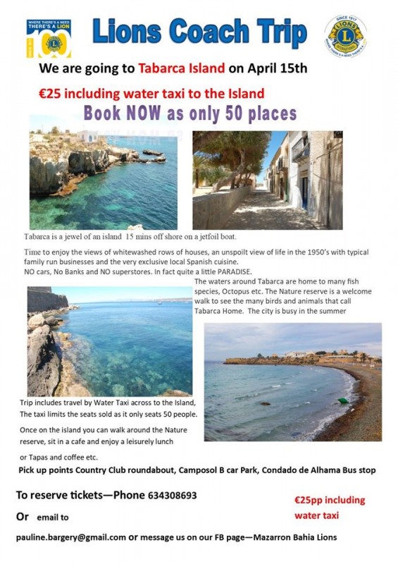 <span style='color:#780948'>ARCHIVED</span> - 15th April Mazarrón Bahia Lions coachtrip to Tabarca Island