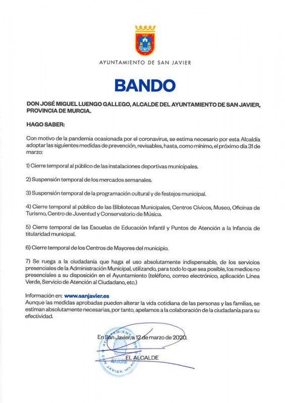<span style='color:#780948'>ARCHIVED</span> - San Javier to cancel markets, events and close council-run buildings